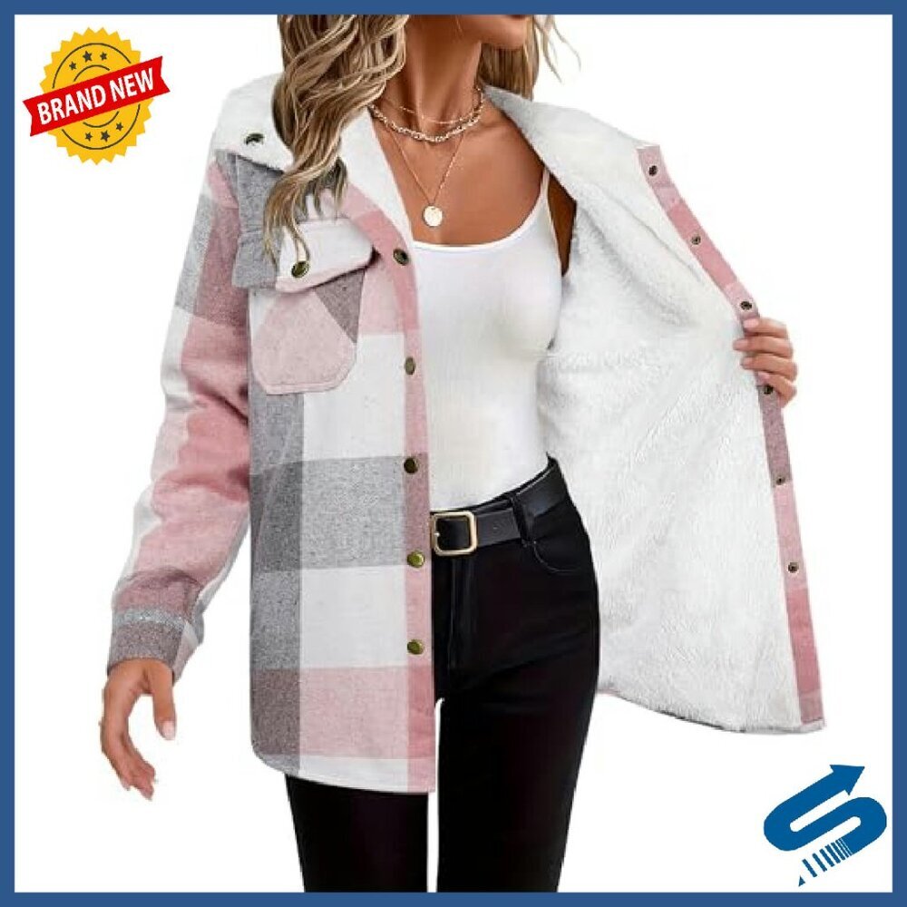 Women's Plaid Shacket Hooded Fleece Jacket Long Sleeve Oversized Fit - Picture 3 of 8